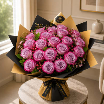 Bouquet of pink roses wrapped in black and gold paper