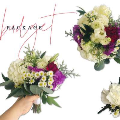 Bouquet and boutonniere with white, purple, and red flowers