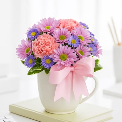 Pink and purple flowers in a white mug with a pink bow