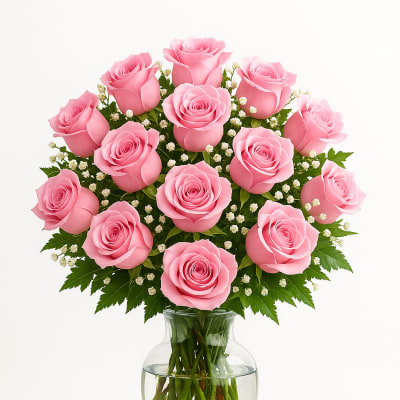 Pink roses arranged in a clear glass vase with small white filler flowers