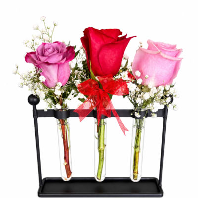 Three roses in glass tubes on a black stand with a red ribbon