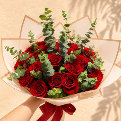 Pari's Ruby Eclipse – 24 Red Roses with Eucalyptus