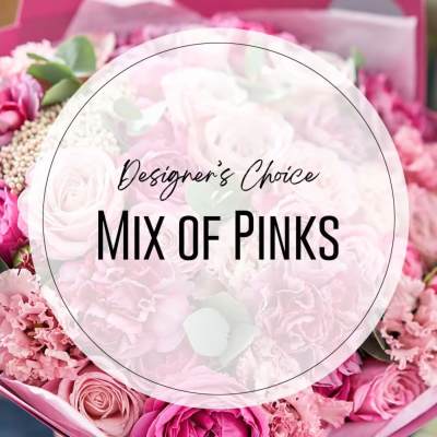 Pink designer’s choice bouquet with mixed pink roses and carnations under circular text overlay
