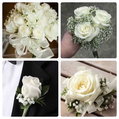 White rose bouquet and boutonniere with baby's breath and ribbon