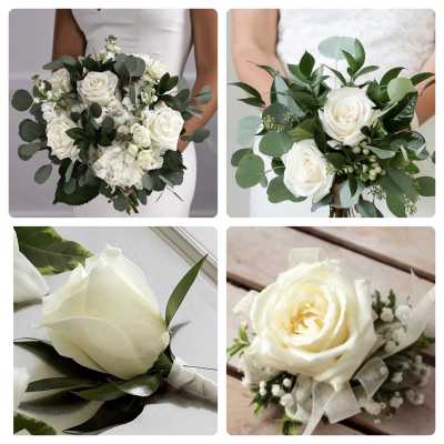 White rose bouquets with eucalyptus and small white filler flowers