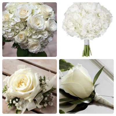 White rose bouquet and boutonniere with hydrangea accents