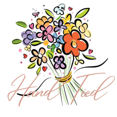 Illustrated bouquet of colorful flowers tied with a ribbon