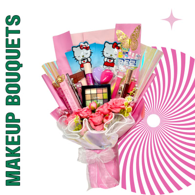 Pink gift bouquet with makeup items, Hello Kitty cards, and a butterfly topper