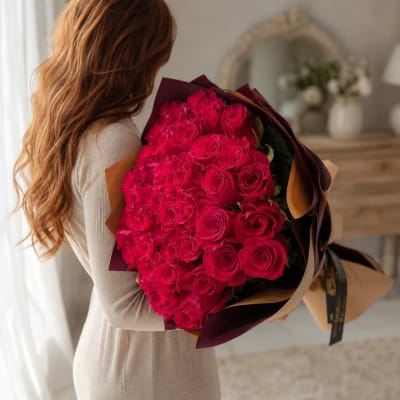 Woman holding a large bouquet of bright pink roses wrapped in dark paper