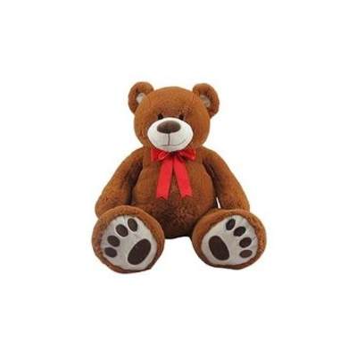 Brown teddy bear with a red ribbon bow