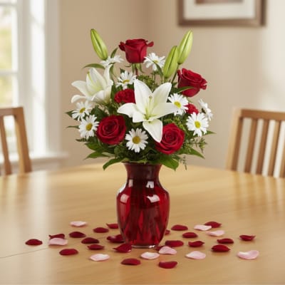 Red roses and white lilies in a red glass vase with scattered petals