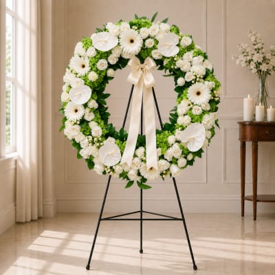 White floral wreath on a black stand with a cream ribbon
