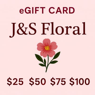Pink eGift card for J&S Floral with a flower icon and dollar amounts