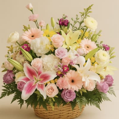 Mixed pastel flower arrangement in a wicker basket