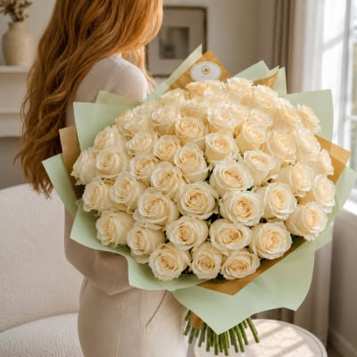 Large bouquet of cream roses wrapped in pale green and gold paper