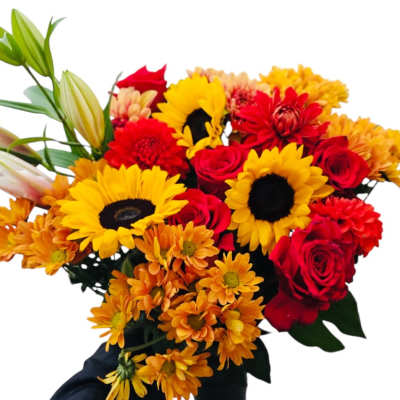 Bouquet of red roses, sunflowers, lilies, and orange daisies