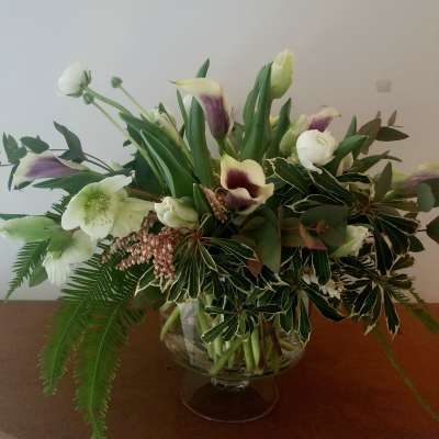 Low arrangement of white and purple calla lilies and white blooms in a clear glass pedestal bowl