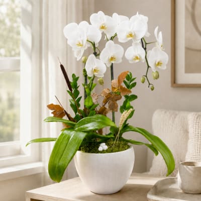 White orchid arrangement in a white pot on a table
