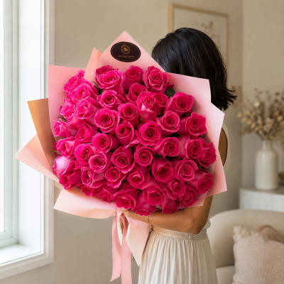 Large bouquet of bright pink roses wrapped in pale pink paper