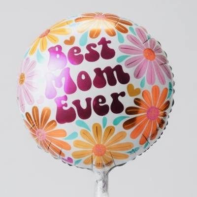 Round balloon with colorful flowers and the words Best Mom Ever