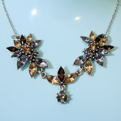 Antique Glass flowers necklace (24 inches sterling silver chain)