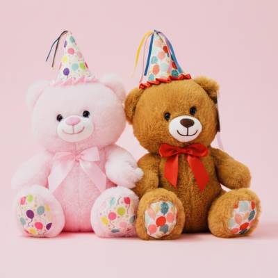 Two plush teddy bears wearing party hats and bows on a pink background