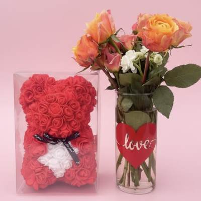 Rosy Bear with bouquet of fresh roses (each one is custom made so variation is pictured)