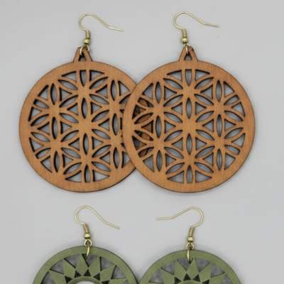 Round wooden flower of Life earrings set