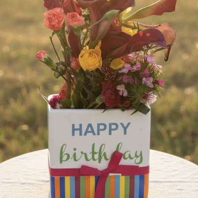 Happy Birthday ceramic Box vase bouquet