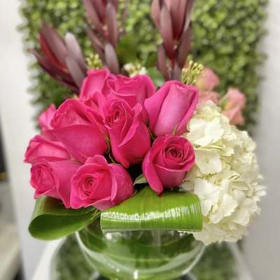 Low glass vase with hot pink roses, white hydrangea, and looped green leaves in a compact arrangement