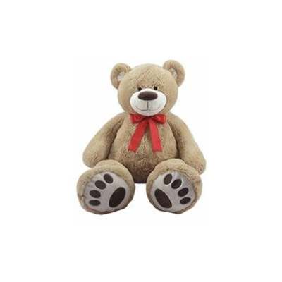 Plush teddy bear with a red ribbon bow