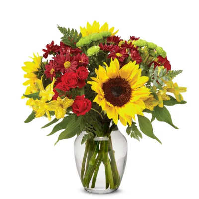 Bouquet of sunflowers, red daisies, and yellow alstroemeria in a clear glass vase