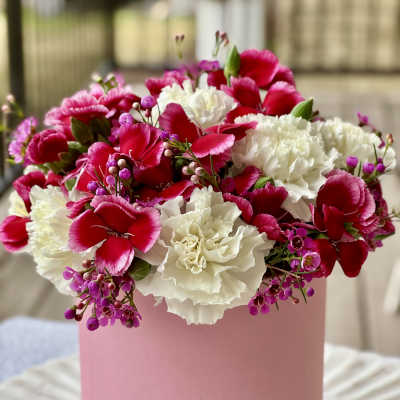 Pink and white carnations with small purple flowers in a pink box