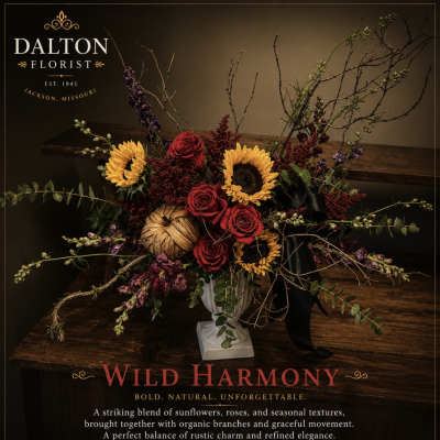 Arrangement of sunflowers and red roses in a white vase