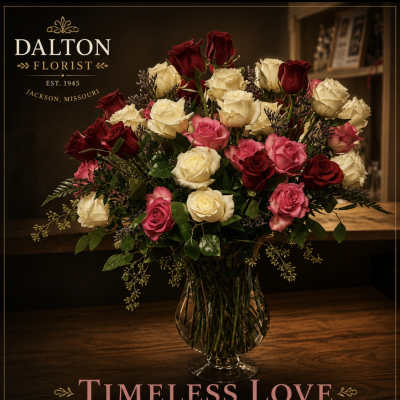 Bouquet of red, pink, and cream roses in a clear glass vase