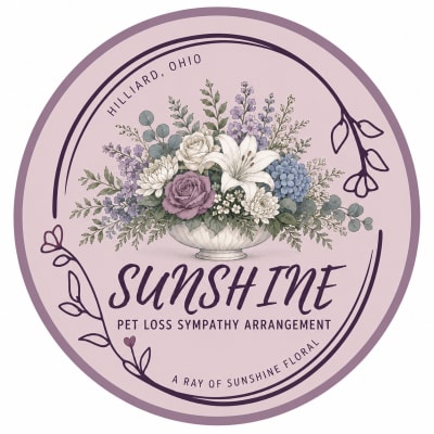Round pink label with a floral arrangement illustration and pet loss sympathy text