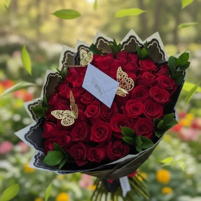 Bouquet of red roses wrapped in black paper with butterfly accents