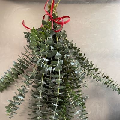Hanging bundle of eucalyptus stems tied with a red ribbon bow