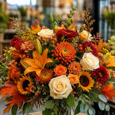 Autumn bouquet of orange, red, and white flowers in a glass vase