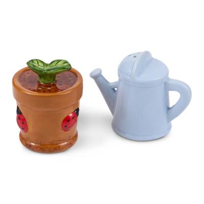 Two small ceramic garden-themed containers, one shaped like a watering can