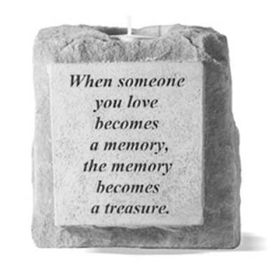 Gray memorial candle with a printed sympathy quote