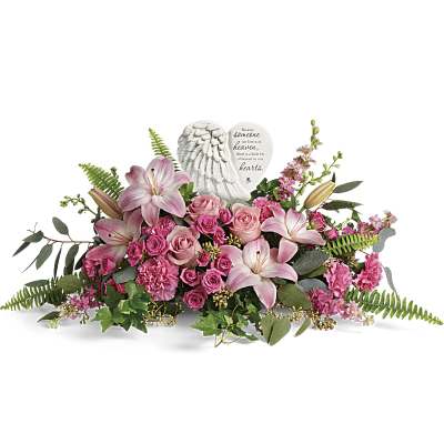 Pink lily and rose sympathy arrangement with a heart memorial stone