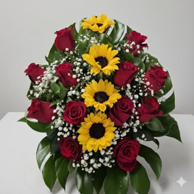Bouquet of red roses and yellow sunflowers with white filler flowers