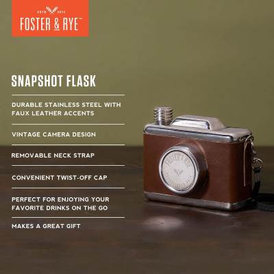 Camera-shaped stainless steel flask with brown faux leather accents