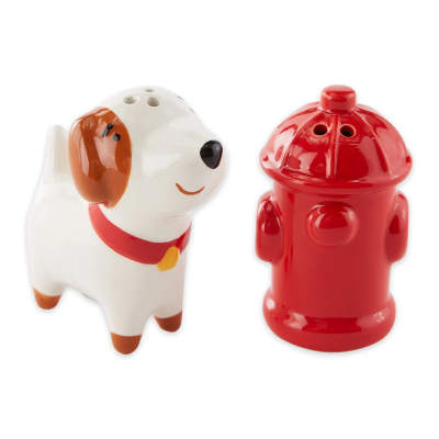 Ceramic dog and fire hydrant salt and pepper shakers