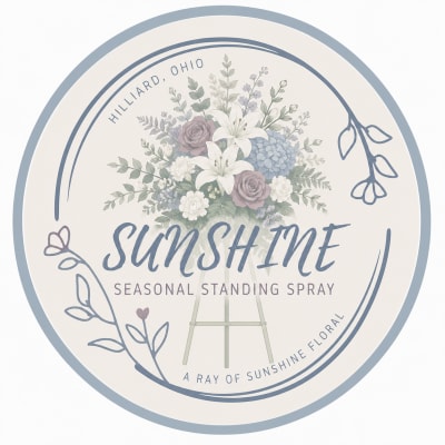 Circular sign with a floral standing spray illustration and the word Sunshine