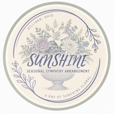 Round sympathy arrangement label with pastel flowers in a vase