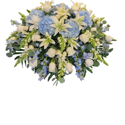 Blue hydrangea and white lily bouquet with roses and greenery