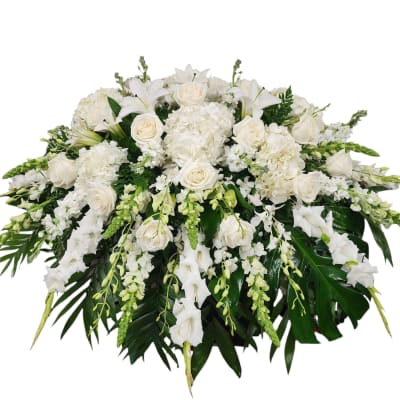 White floral spray with roses, lilies, and hydrangeas