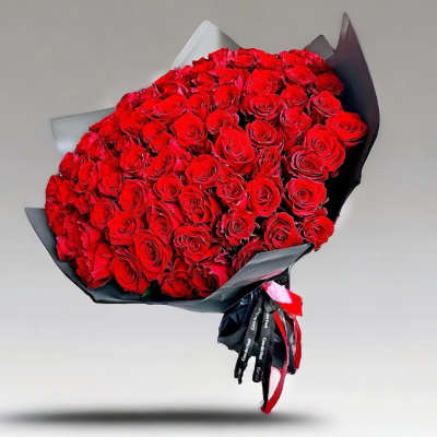 Large bouquet of red roses wrapped in black paper